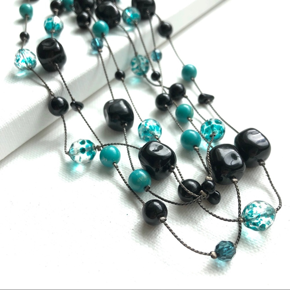Beaded Long Statement Necklace 69” Black Turquoise Brass